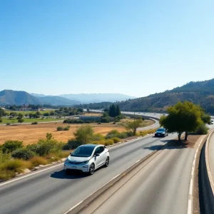 Highway in California with electric vehicles under clear skies