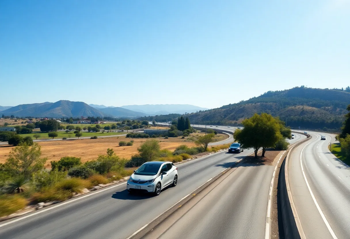 Highway in California with electric vehicles under clear skies