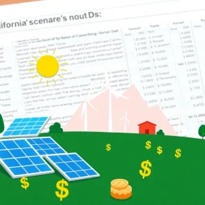 Illustration depicting California's energy budget issues with solar panels and budget documents.