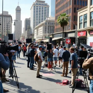 Film crew working on a set in California