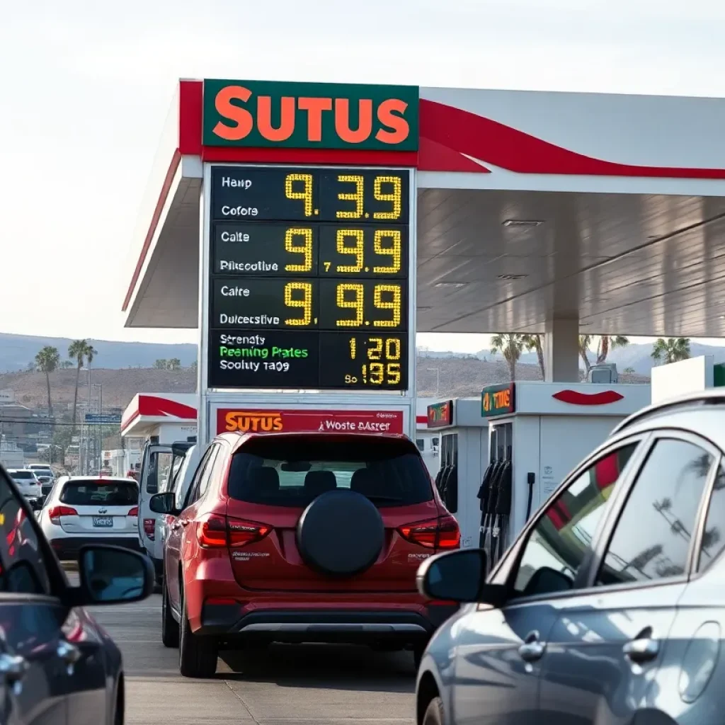 High gas prices at a California gas station with drivers filling their vehicles.
