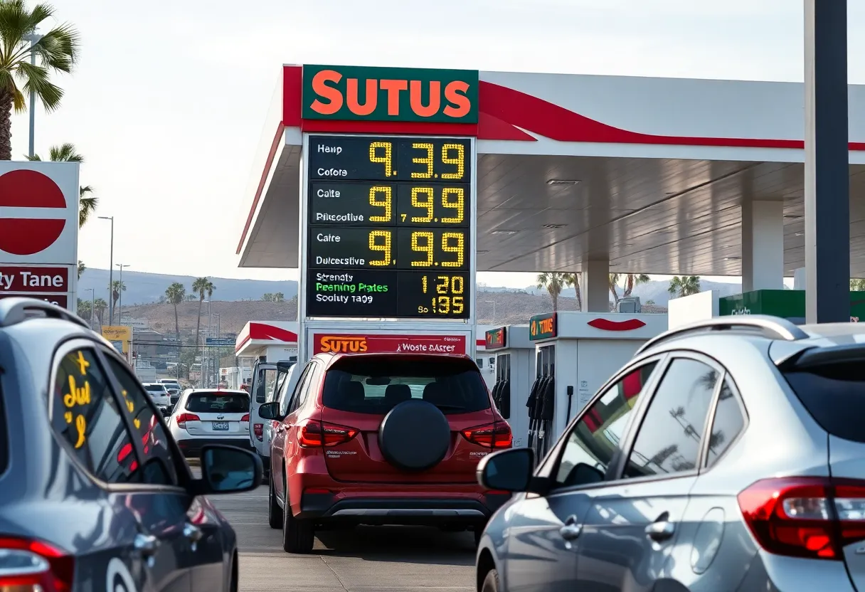 High gas prices at a California gas station with drivers filling their vehicles.