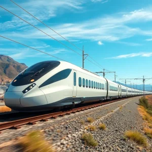 A high-speed train traveling through California's diverse landscapes.