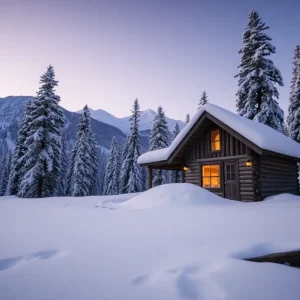 Snowy landscape of the Sierra Nevada mountains with a cabin.