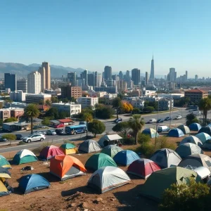 Visual representation of California's homelessness issue with urban landscape.