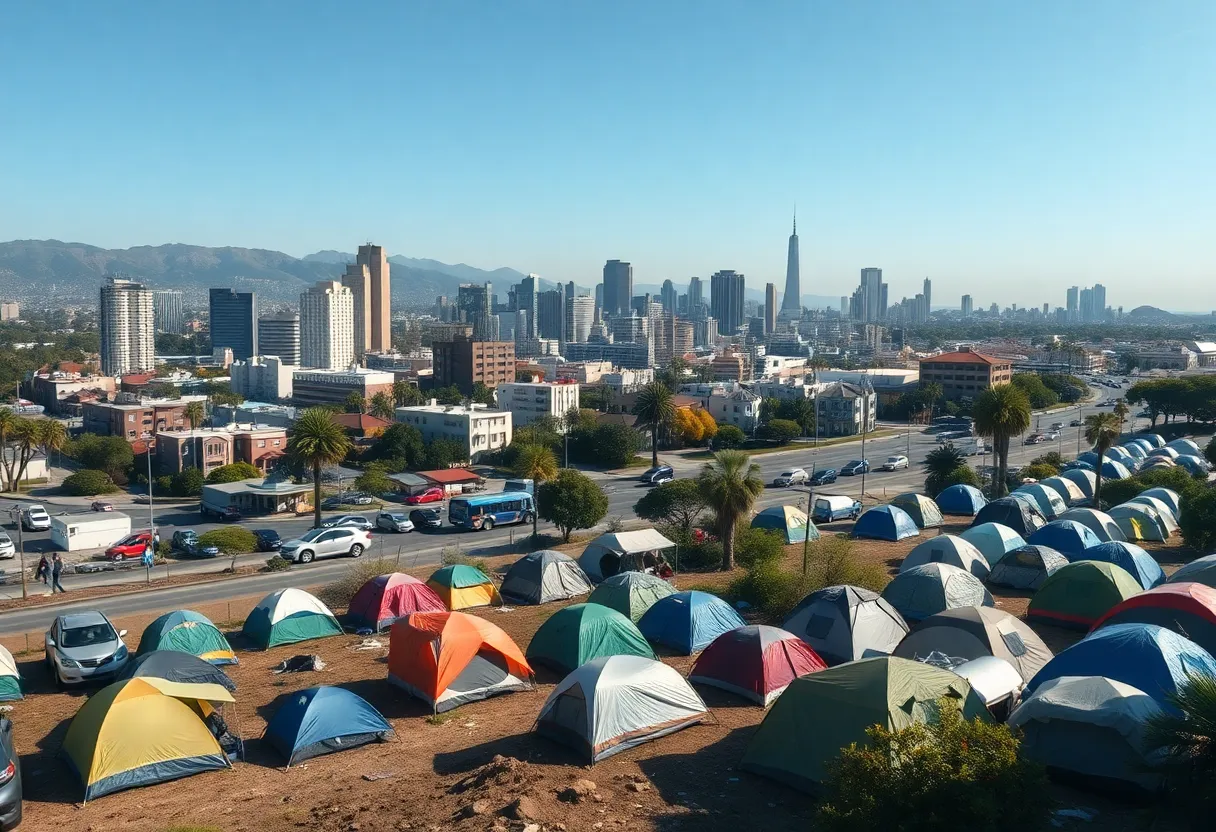 Visual representation of California's homelessness issue with urban landscape.