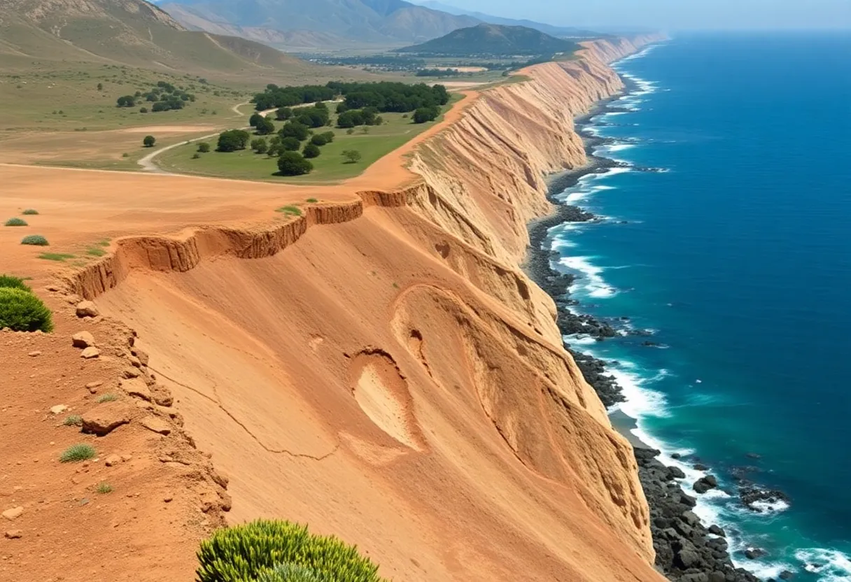A view of the California coastline showing potential landslide risks.