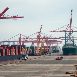 Aerial view of a California port showing reduced activities with fewer ships and containers.