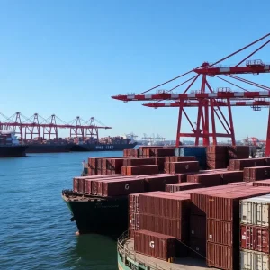 Container ships at a port showing reduced activity