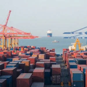A deserted cargo port with few vessels visible, indicating a significant drop in shipping activity.