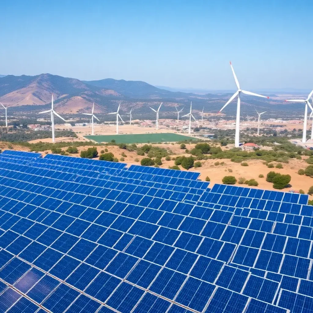 Aerial view of solar panels and wind turbines in California