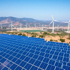 Aerial view of solar panels and wind turbines in California