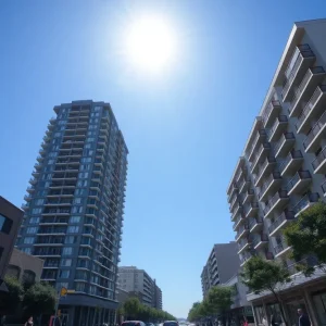 High-rise apartment building in California illustrating rental living conditions.