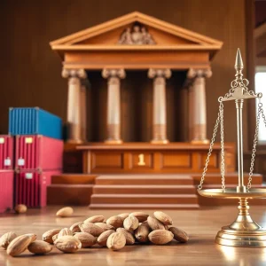Illustration of a courtroom with elements representing California's trade industries
