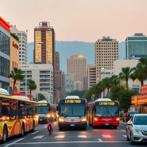 A dynamic view of California's urban landscape highlighting transportation and dining innovations.