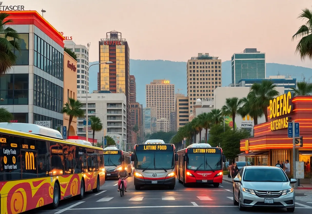 A dynamic view of California's urban landscape highlighting transportation and dining innovations.
