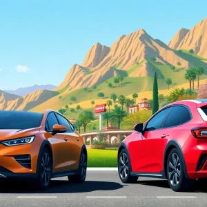 Illustration of California's landscapes featuring petrol and electric vehicles