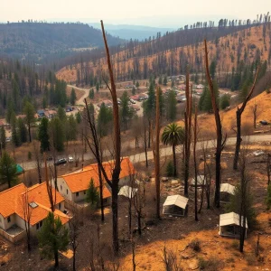 Aftermath of California wildfires showing damaged buildings and burnt trees.