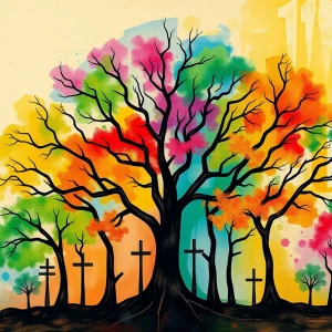 Artistic representation of trees and numbers in abstract form.