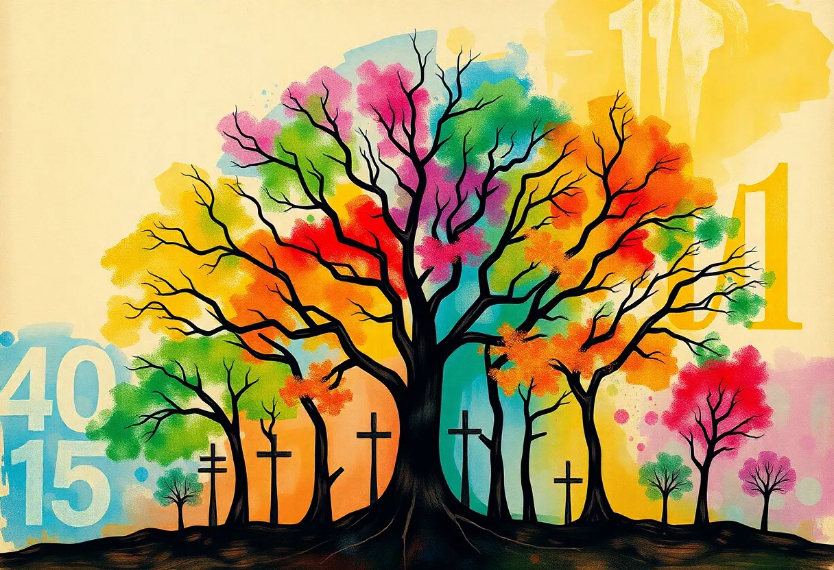 Artistic representation of trees and numbers in abstract form.