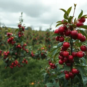 An orchard in San Joaquin County with cherry trees showing limited fruit
