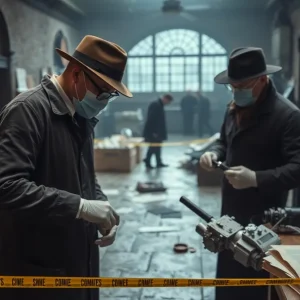 Forensic investigators analyzing a historical crime scene