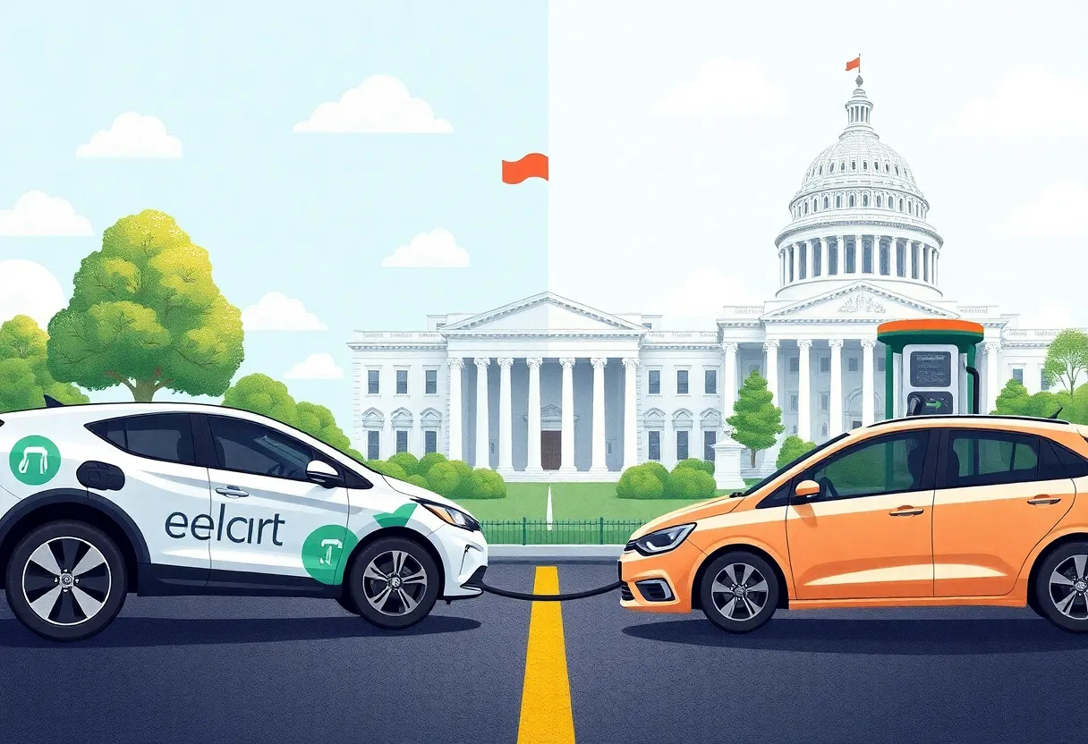 Illustration of electric and gasoline cars symbolizing the debate over California's gas car ban