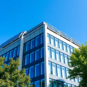 An office building showcasing solar panels and greenery, representing climate sustainability.