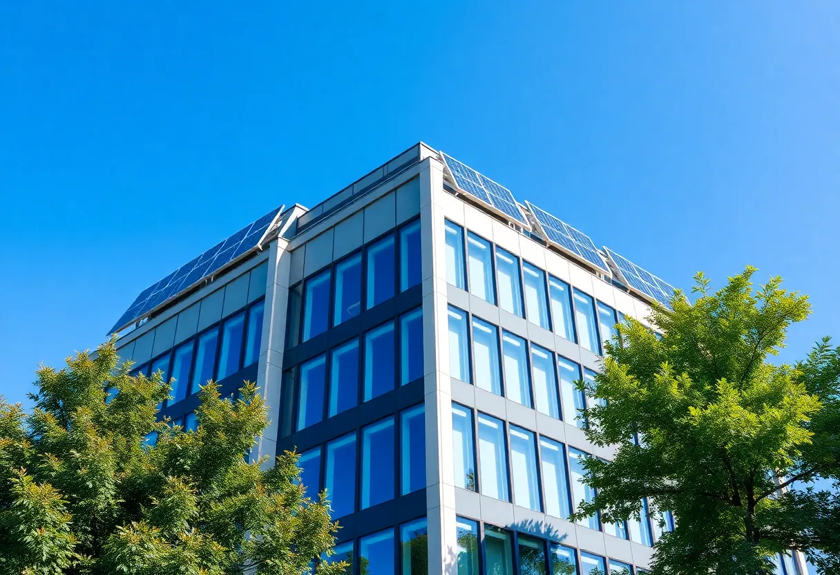 An office building showcasing solar panels and greenery, representing climate sustainability.