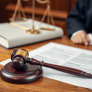 Courtroom with a judge's gavel and legal documents representing a legal decision.