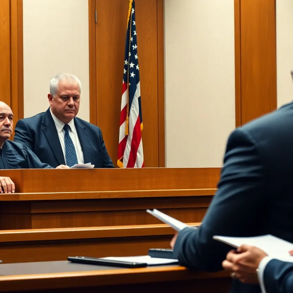 Courtroom scene showing a judge and lawyer discussing police accountability.