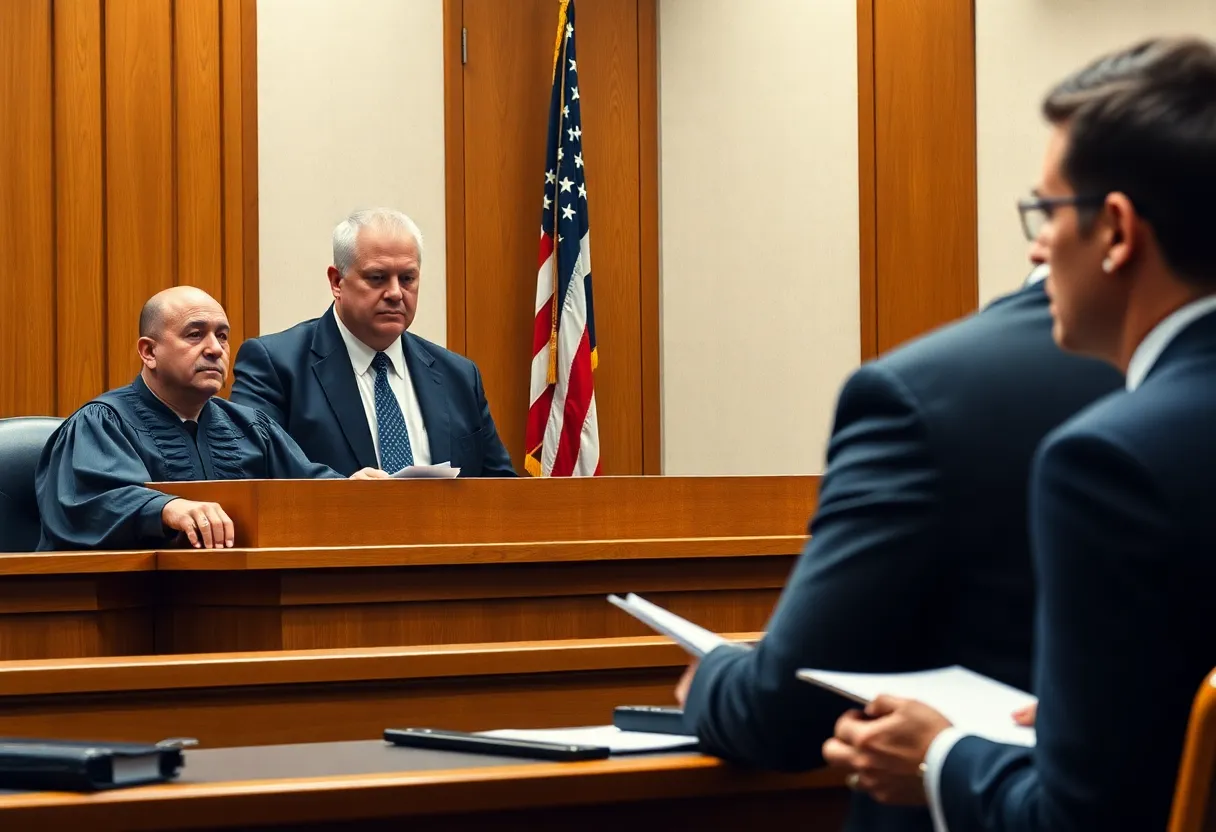 Courtroom scene showing a judge and lawyer discussing police accountability.