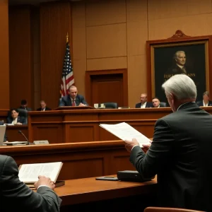 Federal judge making a ruling in a courtroom regarding layoffs.