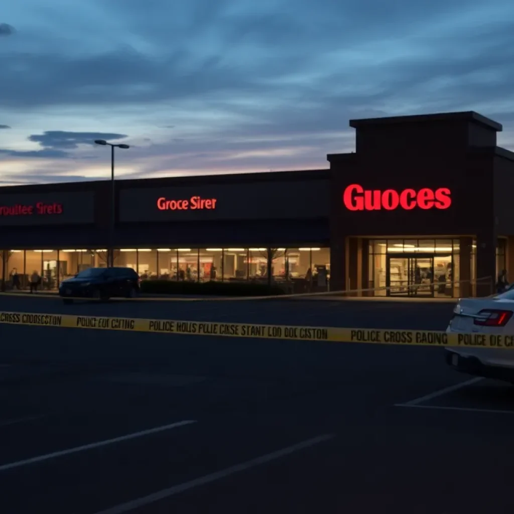 Crime scene with police tape in a grocery store parking lot