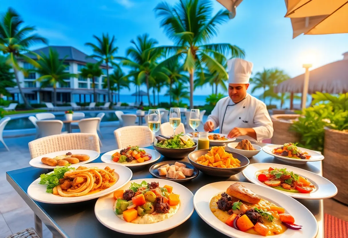 Outdoor dining at Costa Palmas with diverse dishes