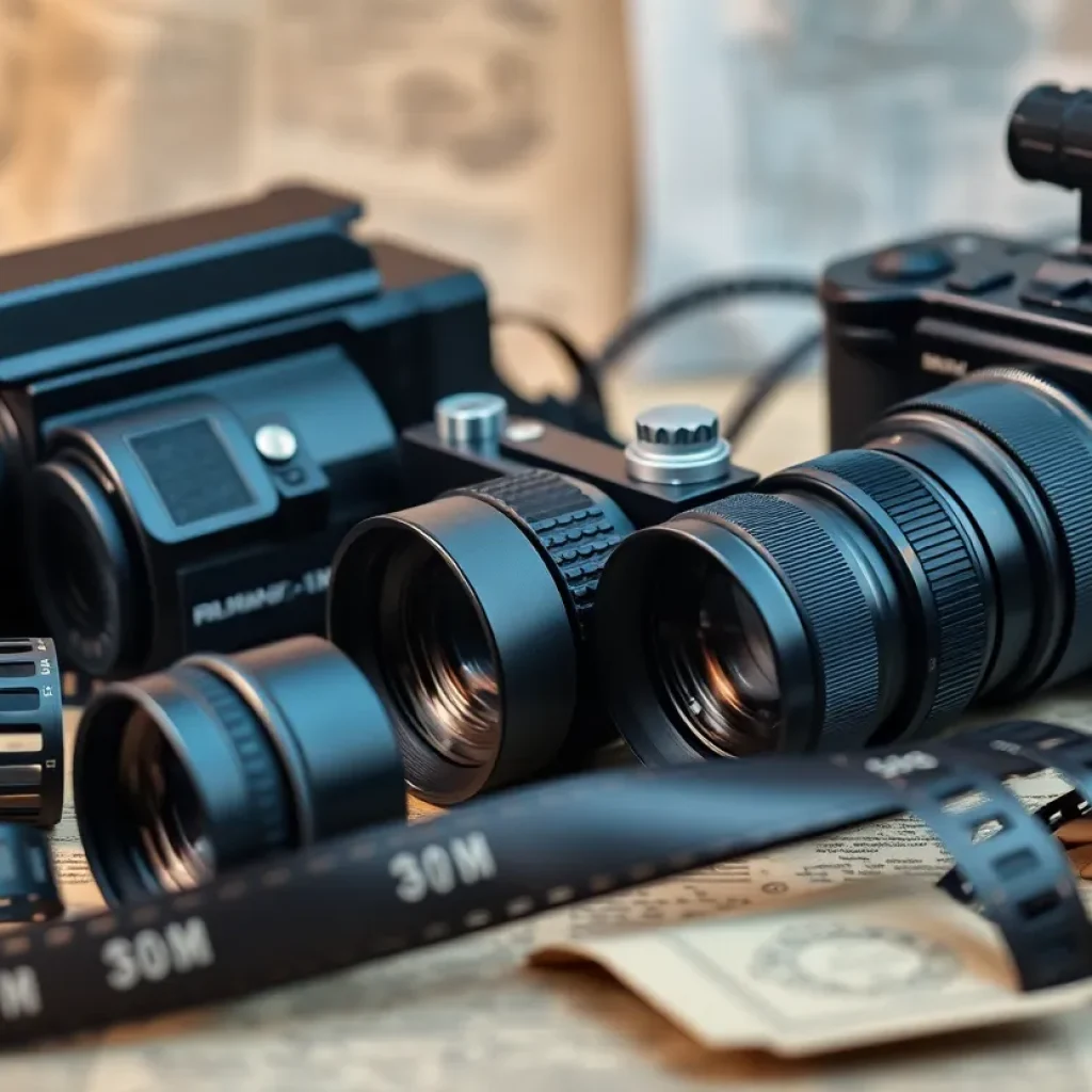 Artistic depiction of documentary filmmaking with historical elements.