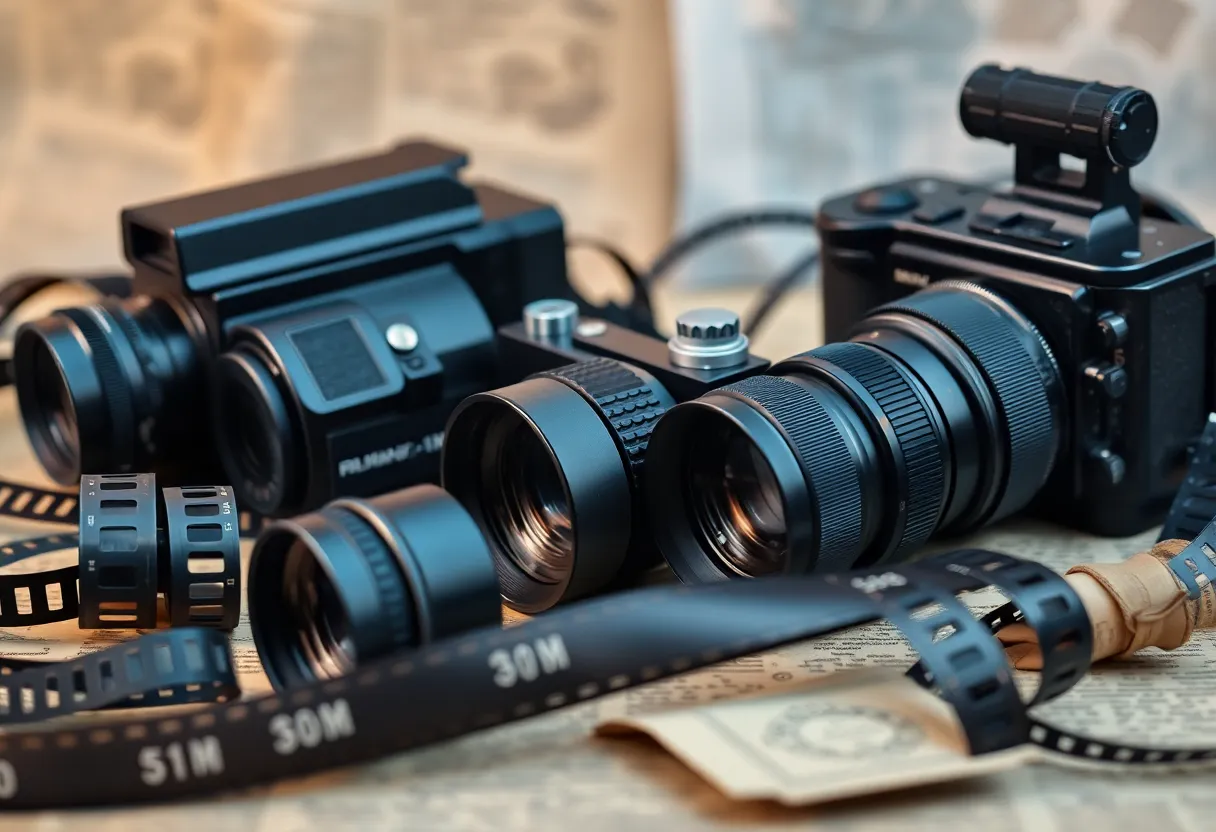 Artistic depiction of documentary filmmaking with historical elements.