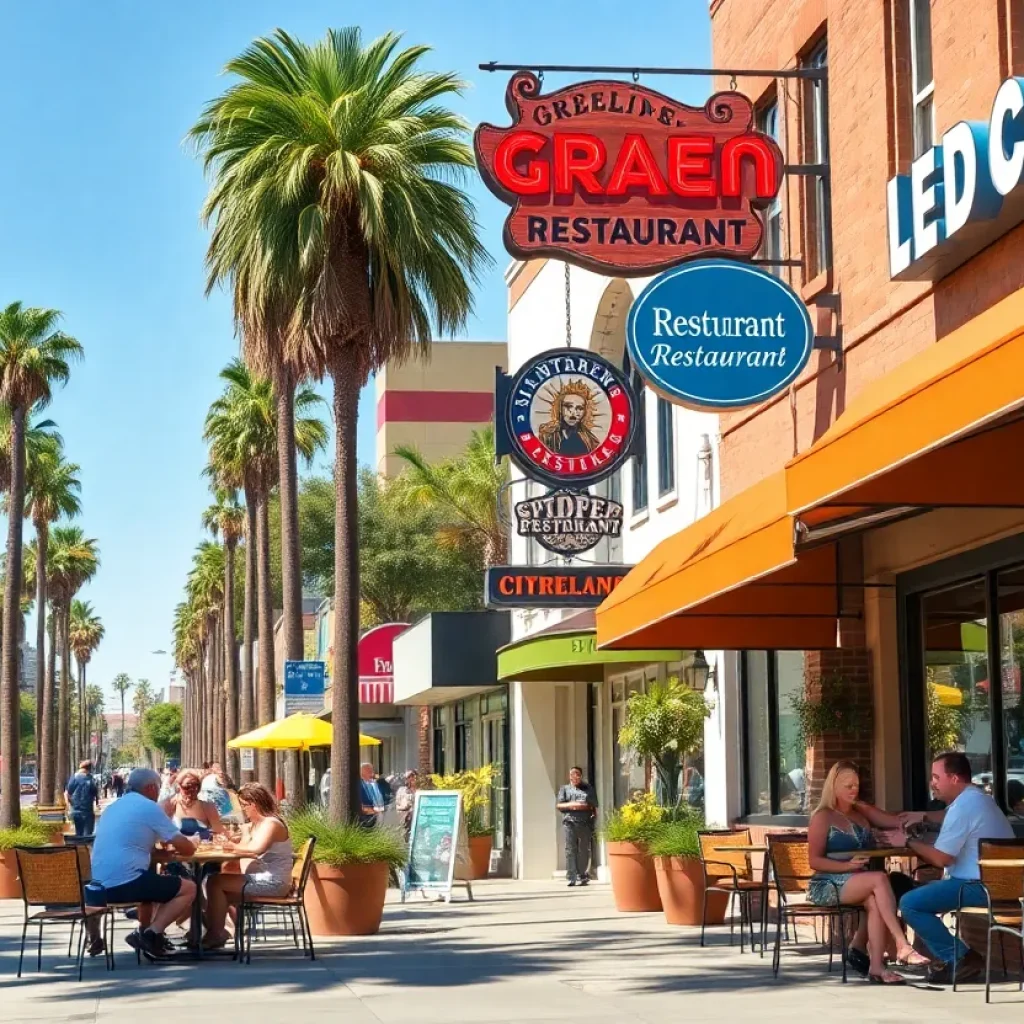 Outdoor dining at various restaurants in Eagle Rock with people enjoying food.
