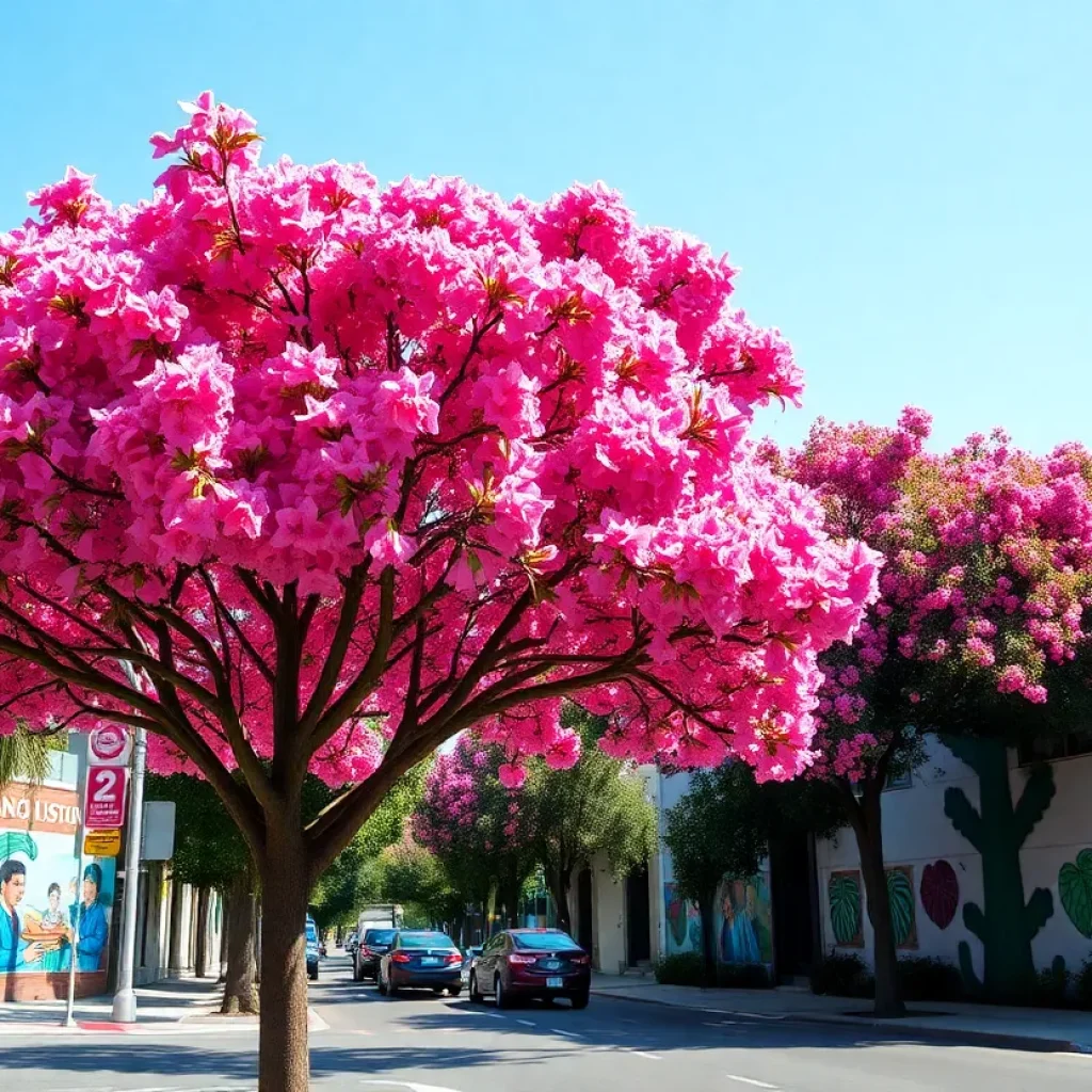 Pink trumpet trees in East Hollywood with vibrant flowers