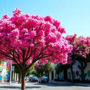 Pink trumpet trees in East Hollywood with vibrant flowers