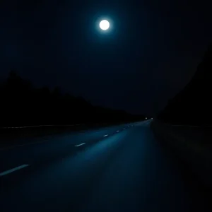 Dark highway with police tape and forensic markers
