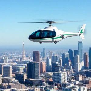Electric air taxi flying over Los Angeles skyline