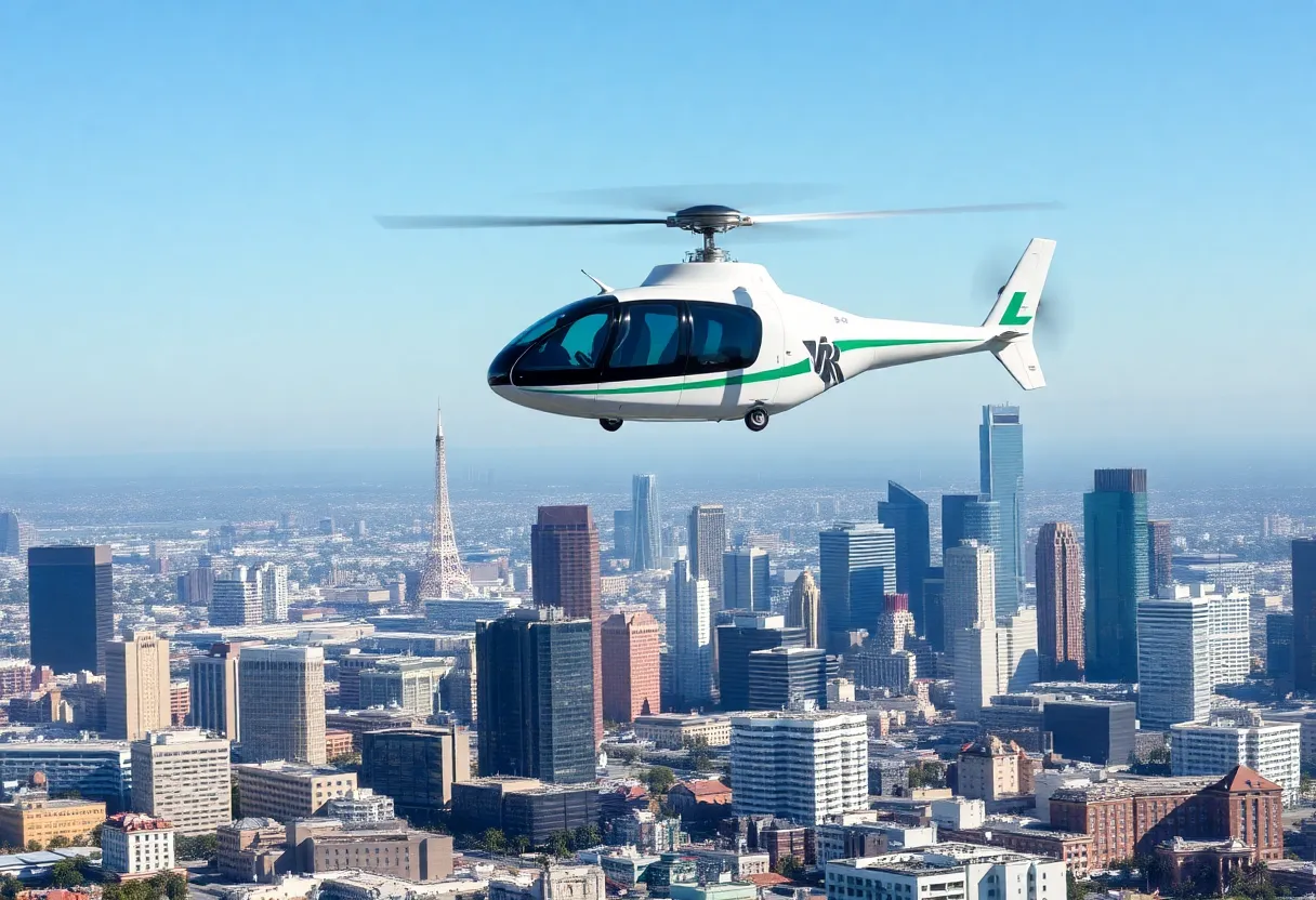 Electric air taxi flying over Los Angeles skyline