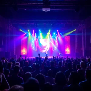 Audience enjoying a live music concert with colorful lights