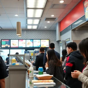 Fast-food restaurant with employees and customers