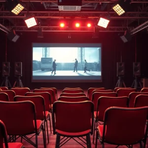 Empty chairs on a film set with a monitor showing a scene