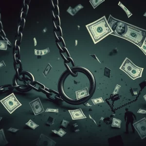 An abstract art piece representing financial fraud and loss.