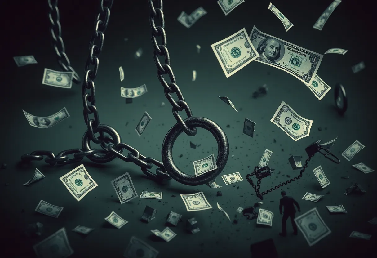 An abstract art piece representing financial fraud and loss.