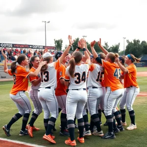 South Carolina Gamecocks softball team celebrating on the field after their victory.