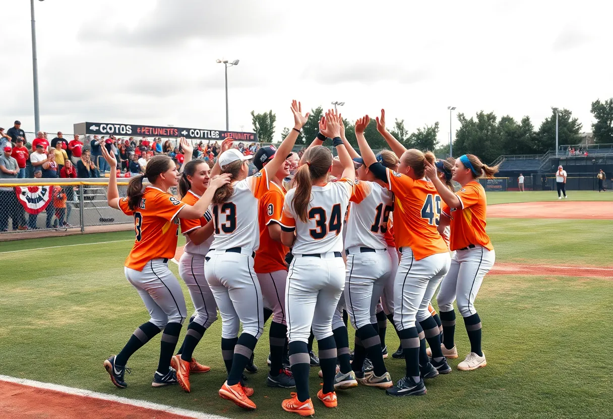 South Carolina Gamecocks softball team celebrating on the field after their victory.